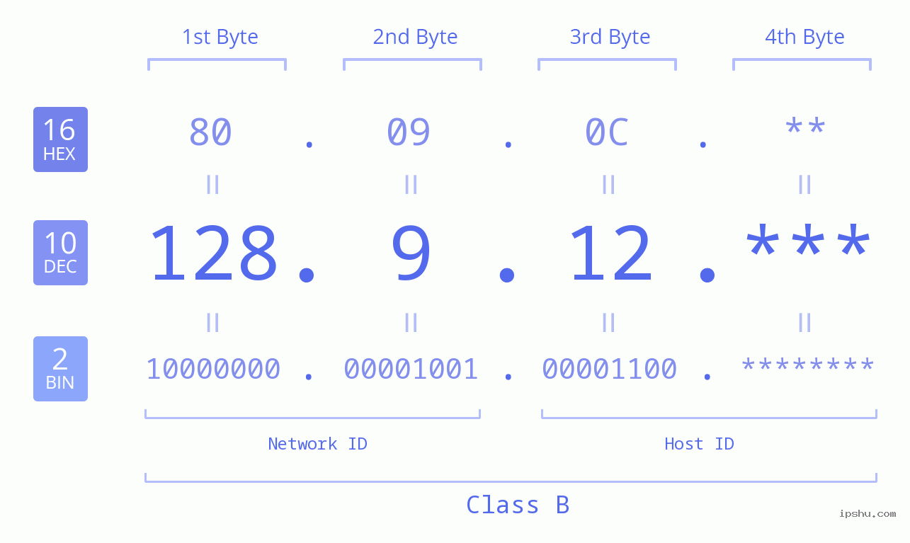 IP Address: 128.9.12 Data Structure Chart BIN DEC HEX IPv4: 128.9.12 Network Class, Net ID, Host ID