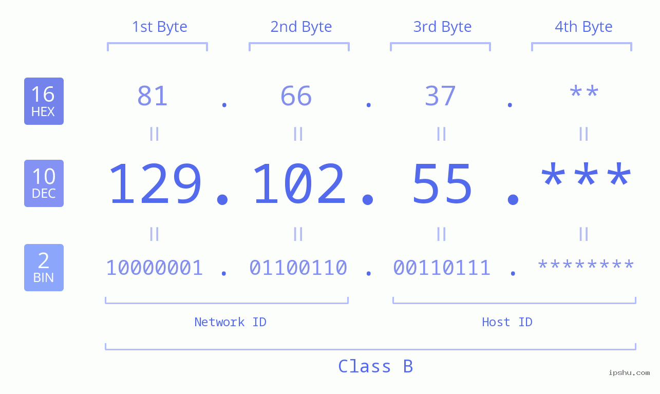 IP Address: 129.102.55 Data Structure Chart BIN DEC HEX IPv4: 129.102.55 Network Class, Net ID, Host ID