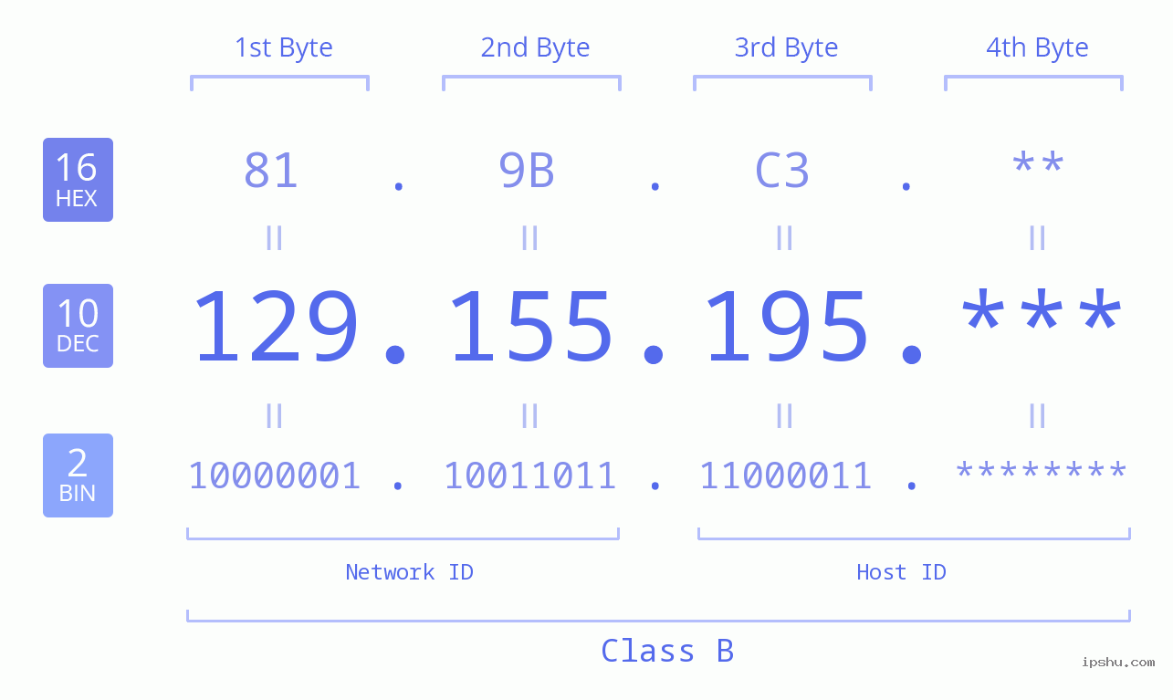 IP Address: 129.155.195 Data Structure Chart BIN DEC HEX IPv4: 129.155.195 Network Class, Net ID, Host ID