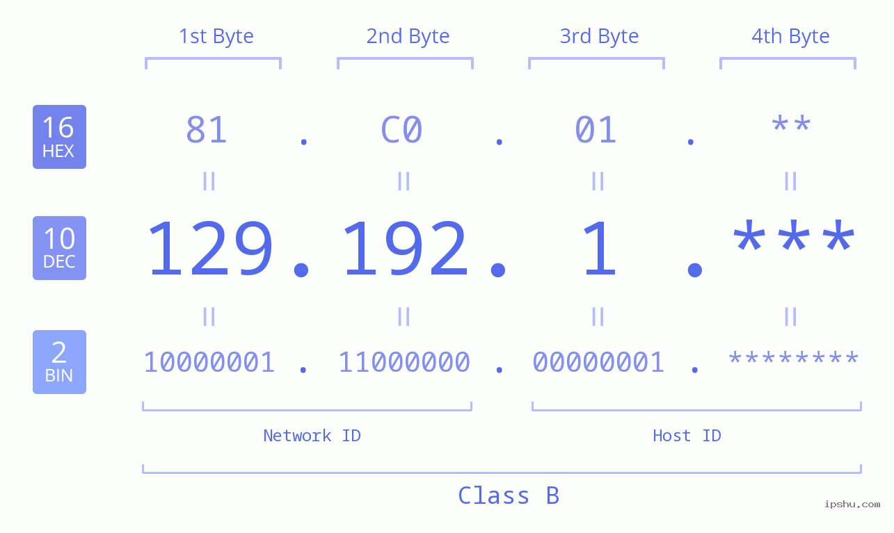 IP Address: 129.192.1 Data Structure Chart BIN DEC HEX IPv4: 129.192.1 Network Class, Net ID, Host ID