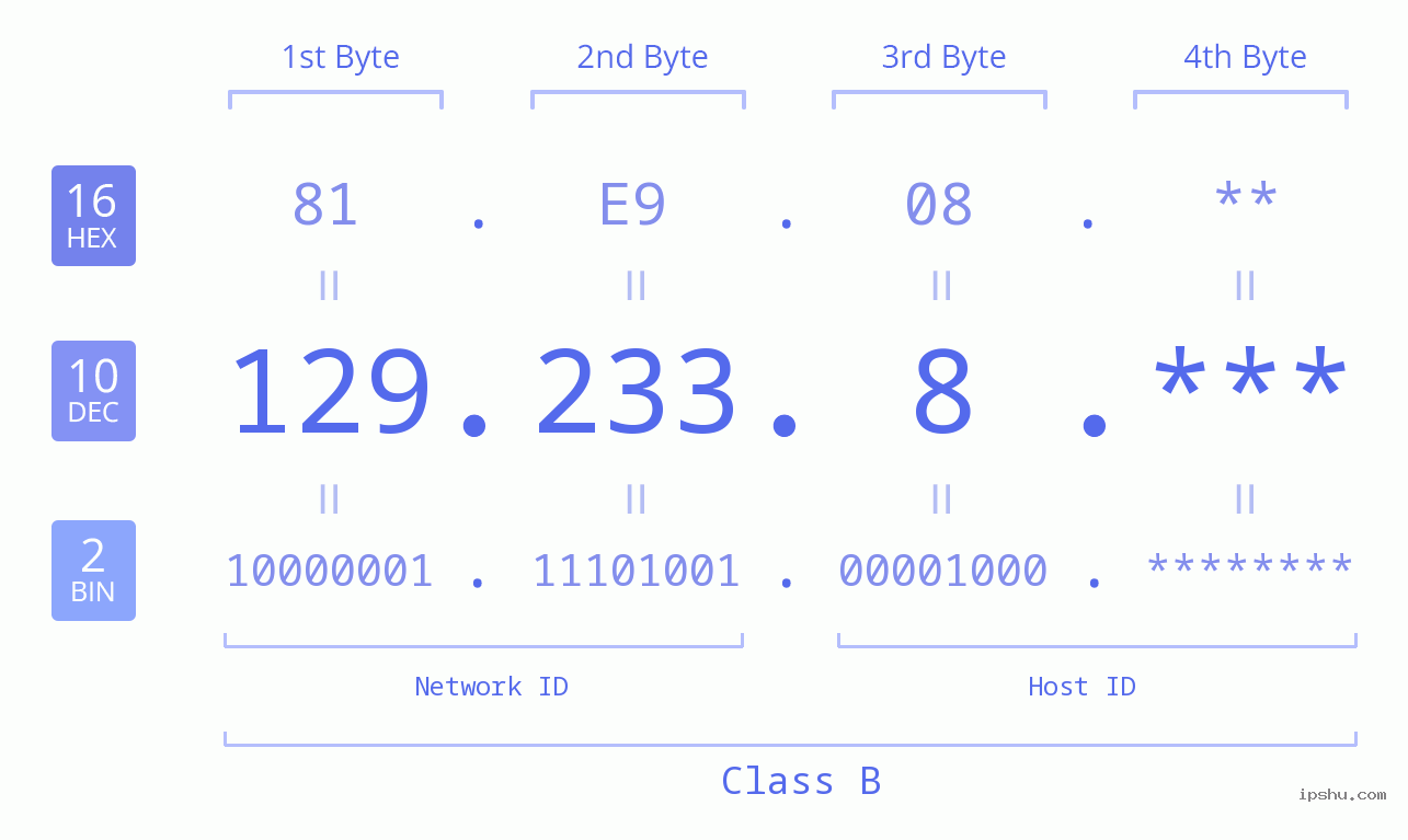 IP Address: 129.233.8 Data Structure Chart BIN DEC HEX IPv4: 129.233.8 Network Class, Net ID, Host ID