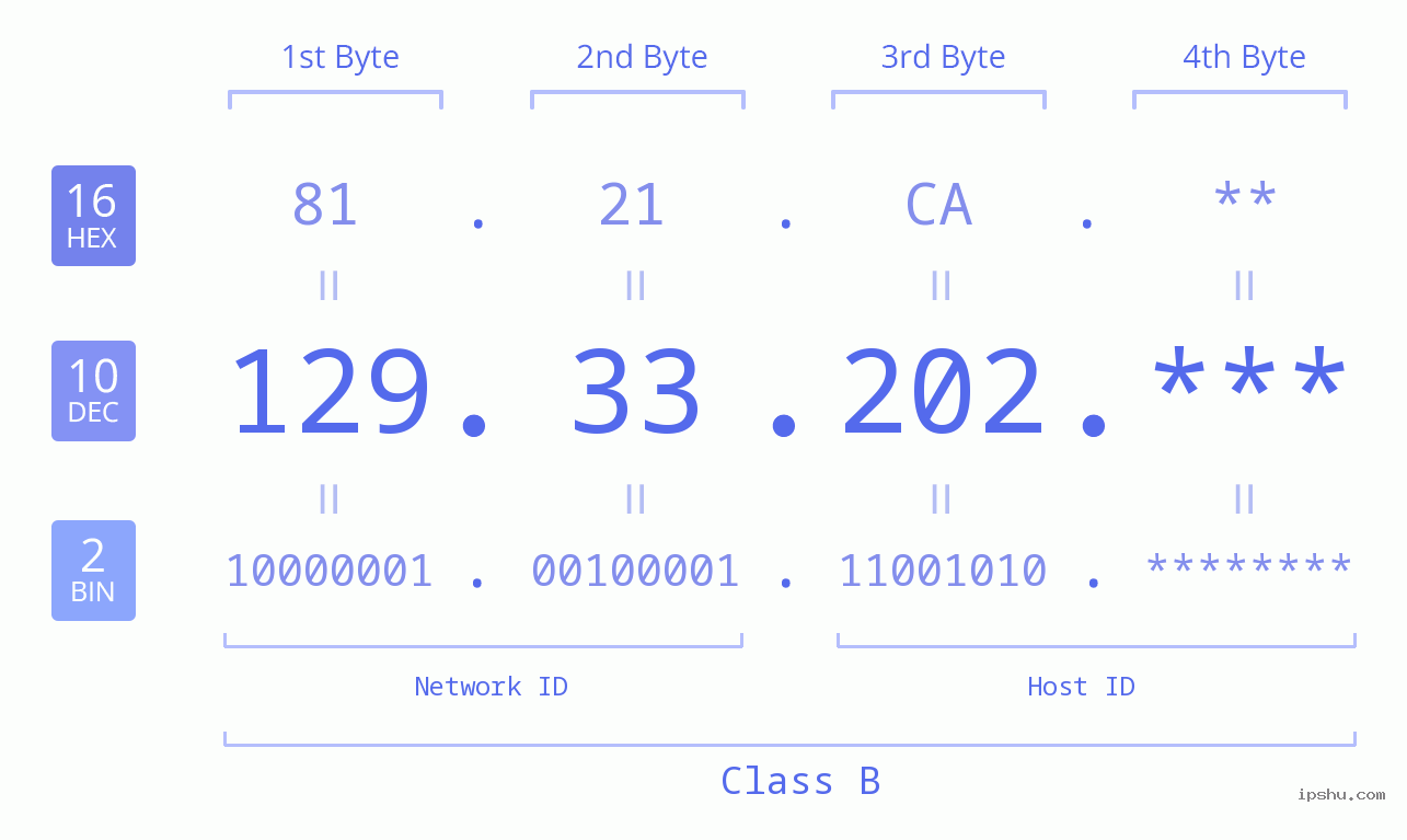IP Address: 129.33.202 Data Structure Chart BIN DEC HEX IPv4: 129.33.202 Network Class, Net ID, Host ID
