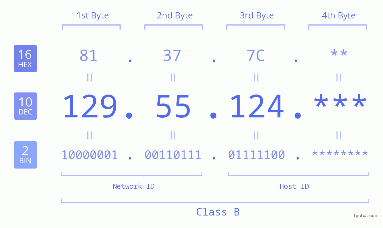 IP Address: 129.55.124 Data Structure Chart BIN DEC HEX IPv4: 129.55.124 Network Class, Net ID, Host ID