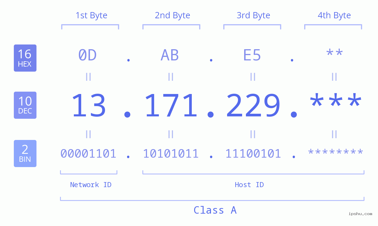 IP Address: 13.171.229 Data Structure Chart BIN DEC HEX IPv4: 13.171.229 Network Class, Net ID, Host ID