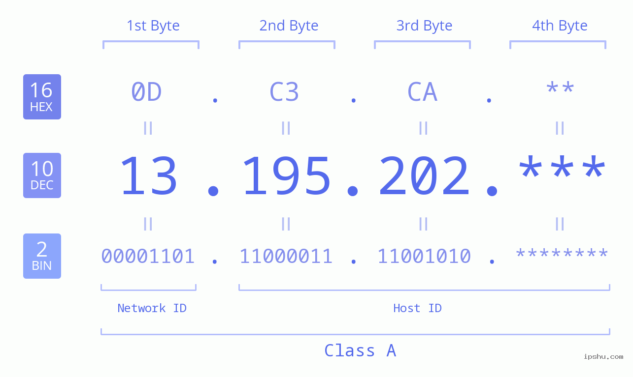 IP Address: 13.195.202 Data Structure Chart BIN DEC HEX IPv4: 13.195.202 Network Class, Net ID, Host ID