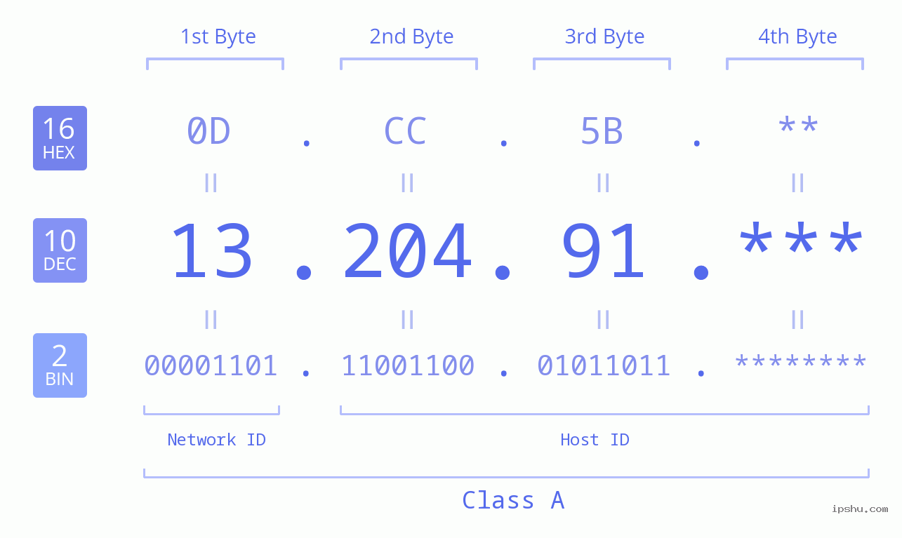 IP Address: 13.204.91 Data Structure Chart BIN DEC HEX IPv4: 13.204.91 Network Class, Net ID, Host ID
