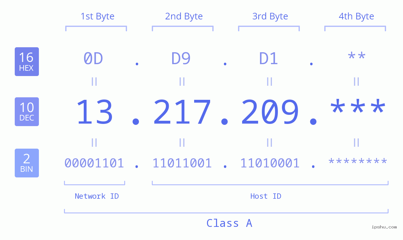 IP Address: 13.217.209 Data Structure Chart BIN DEC HEX IPv4: 13.217.209 Network Class, Net ID, Host ID