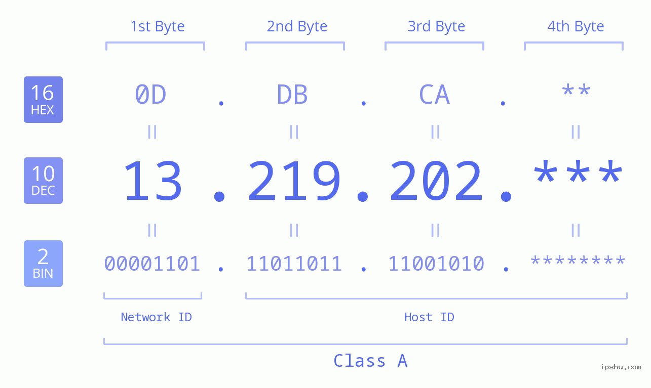 IP Address: 13.219.202 Data Structure Chart BIN DEC HEX IPv4: 13.219.202 Network Class, Net ID, Host ID