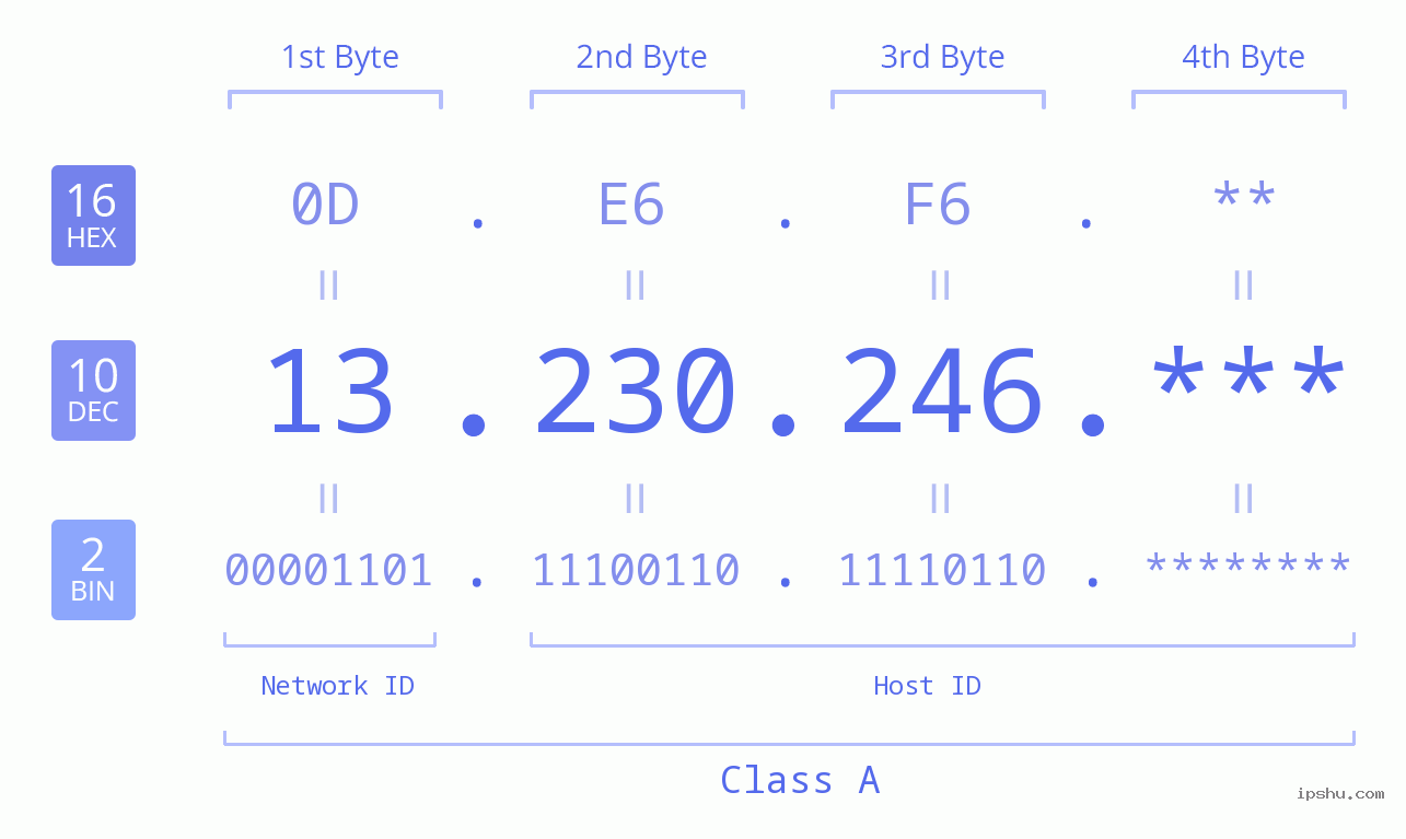 IP Address: 13.230.246 Data Structure Chart BIN DEC HEX IPv4: 13.230.246 Network Class, Net ID, Host ID