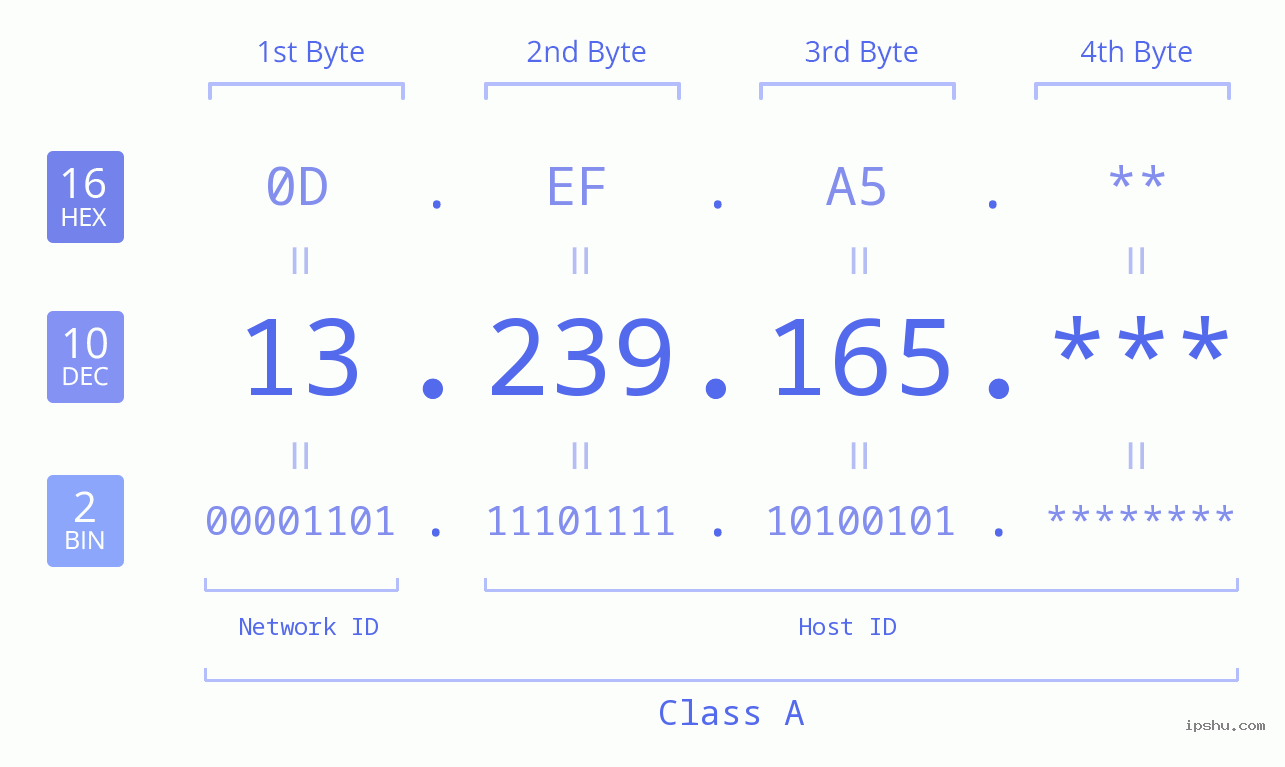 IP Address: 13.239.165 Data Structure Chart BIN DEC HEX IPv4: 13.239.165 Network Class, Net ID, Host ID