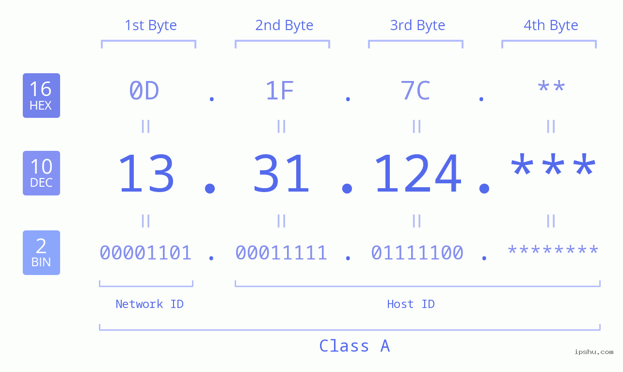 IP Address: 13.31.124 Data Structure Chart BIN DEC HEX IPv4: 13.31.124 Network Class, Net ID, Host ID