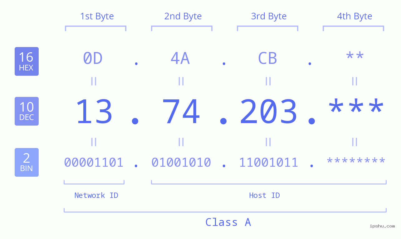 IP Address: 13.74.203 Data Structure Chart BIN DEC HEX IPv4: 13.74.203 Network Class, Net ID, Host ID