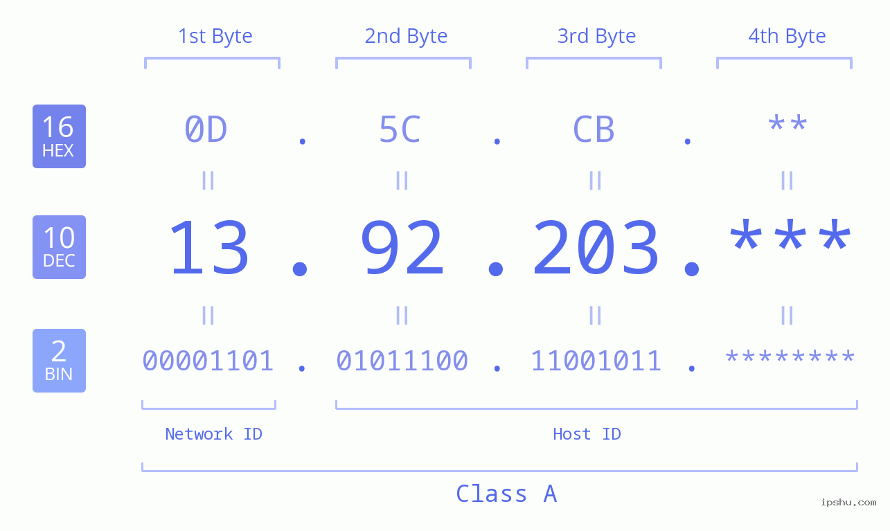 IP Address: 13.92.203 Data Structure Chart BIN DEC HEX IPv4: 13.92.203 Network Class, Net ID, Host ID