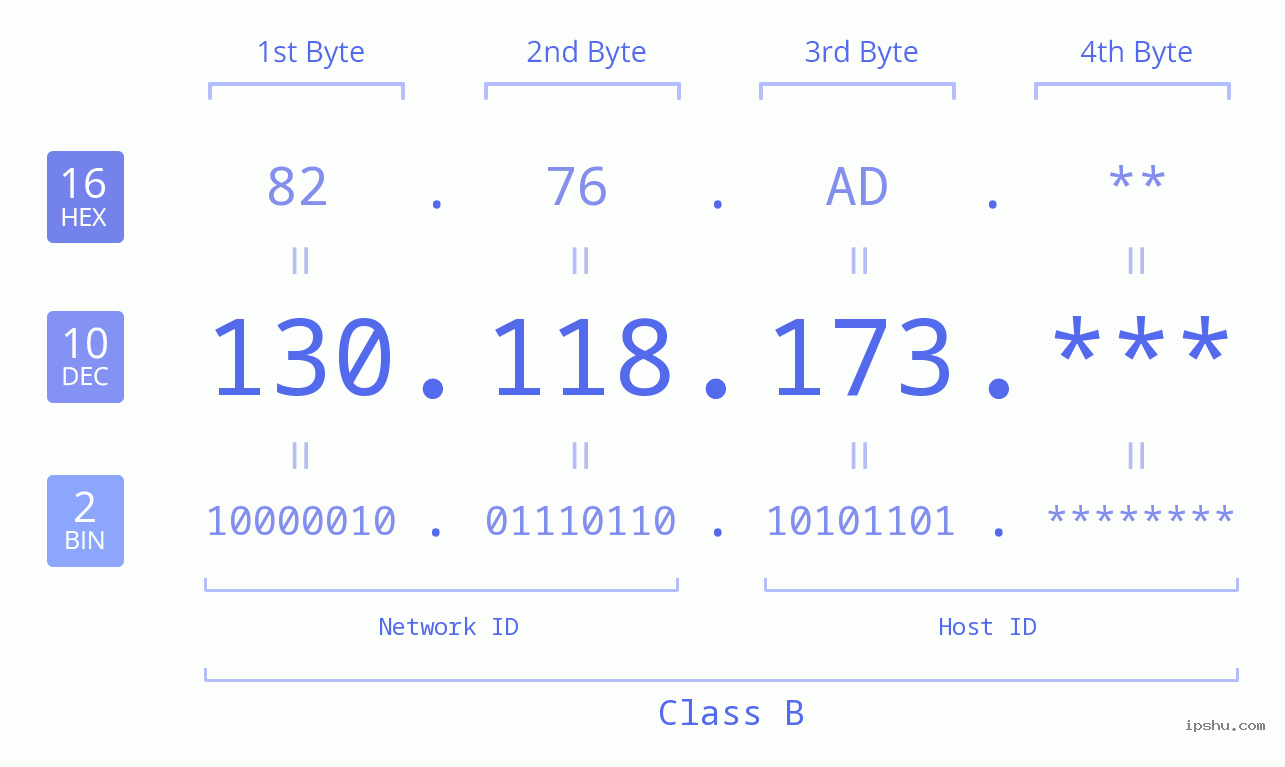 IP Address: 130.118.173 Data Structure Chart BIN DEC HEX IPv4: 130.118.173 Network Class, Net ID, Host ID