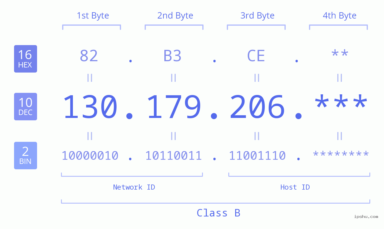 IP Address: 130.179.206 Data Structure Chart BIN DEC HEX IPv4: 130.179.206 Network Class, Net ID, Host ID