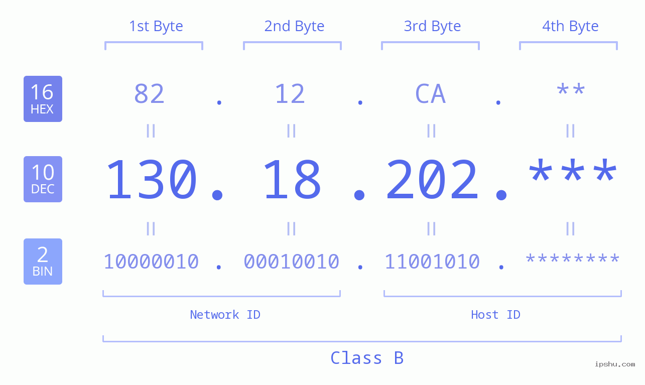 IP Address: 130.18.202 Data Structure Chart BIN DEC HEX IPv4: 130.18.202 Network Class, Net ID, Host ID