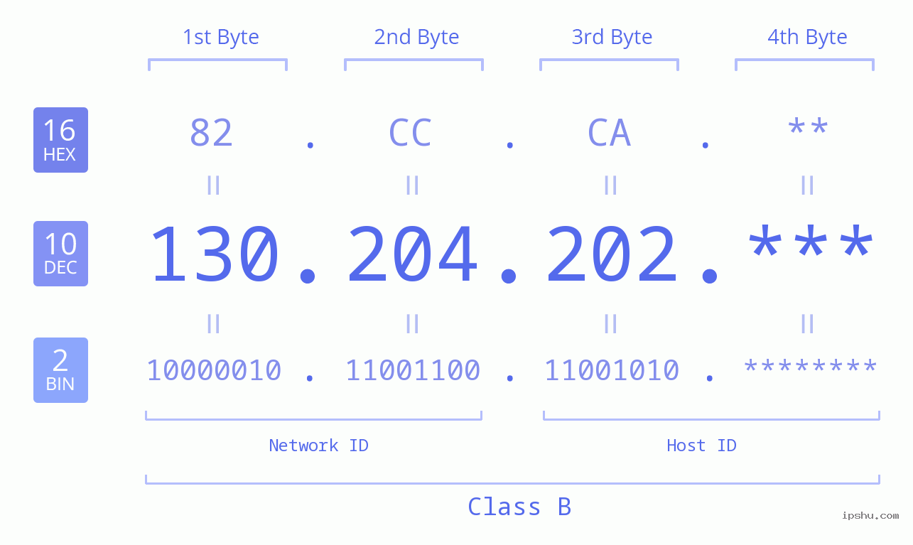 IP Address: 130.204.202 Data Structure Chart BIN DEC HEX IPv4: 130.204.202 Network Class, Net ID, Host ID