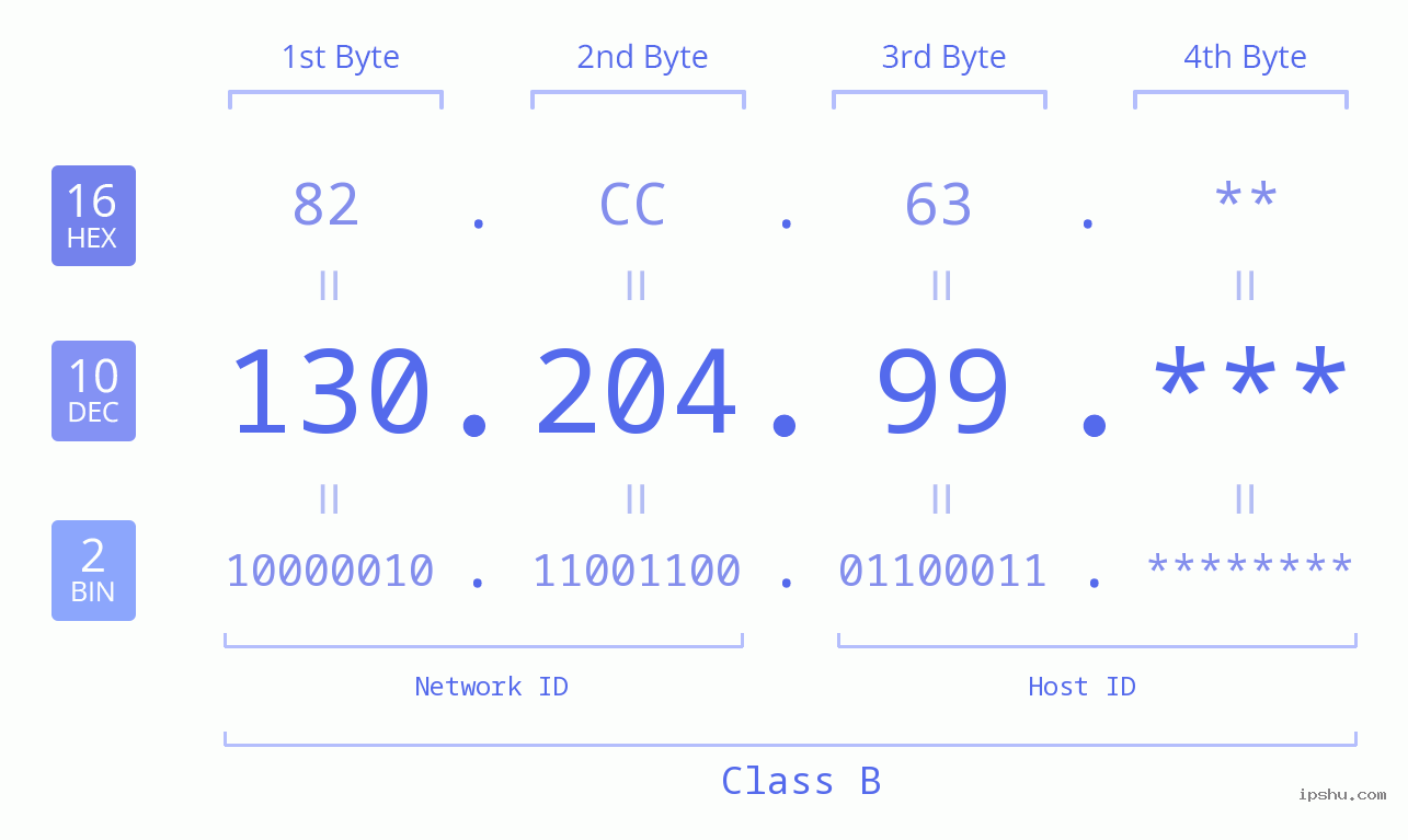 IP Address: 130.204.99 Data Structure Chart BIN DEC HEX IPv4: 130.204.99 Network Class, Net ID, Host ID