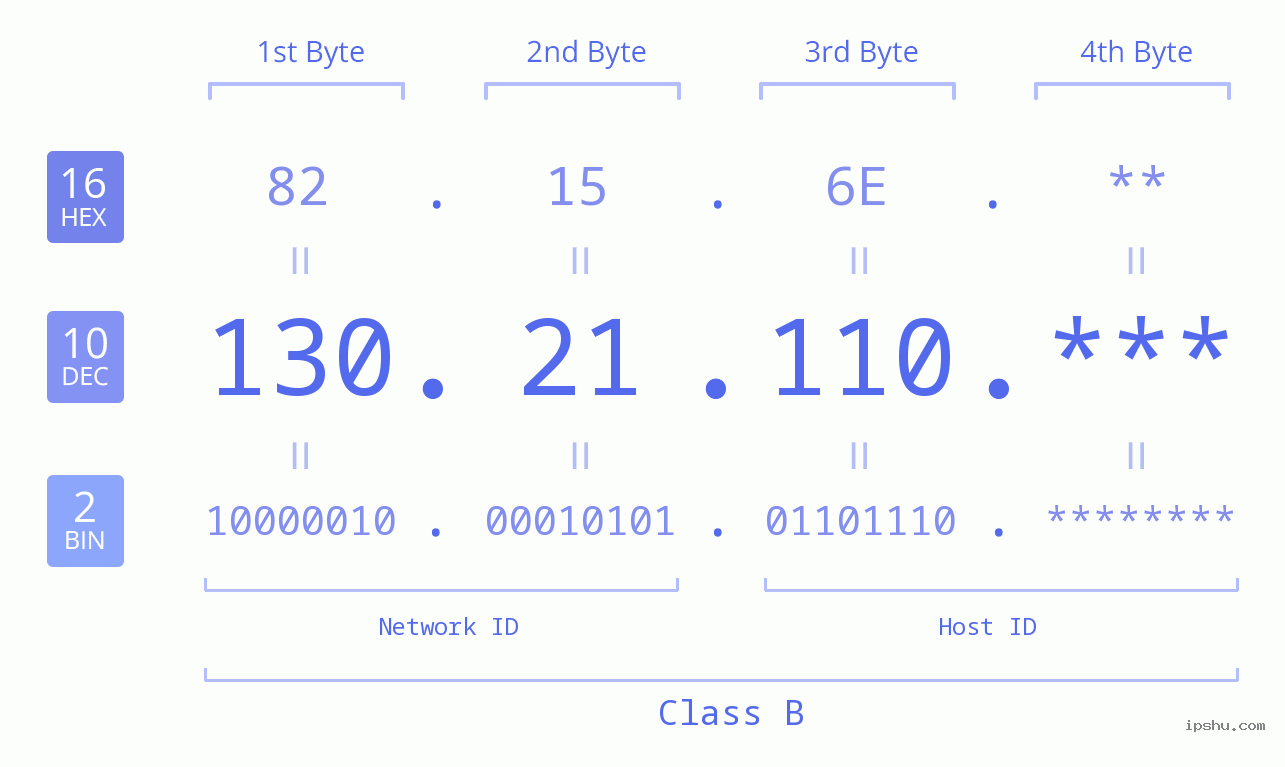 IP Address: 130.21.110 Data Structure Chart BIN DEC HEX IPv4: 130.21.110 Network Class, Net ID, Host ID