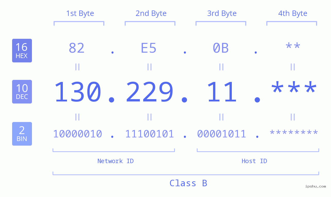 IP Address: 130.229.11 Data Structure Chart BIN DEC HEX IPv4: 130.229.11 Network Class, Net ID, Host ID