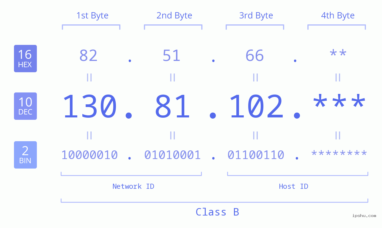 IP Address: 130.81.102 Data Structure Chart BIN DEC HEX IPv4: 130.81.102 Network Class, Net ID, Host ID