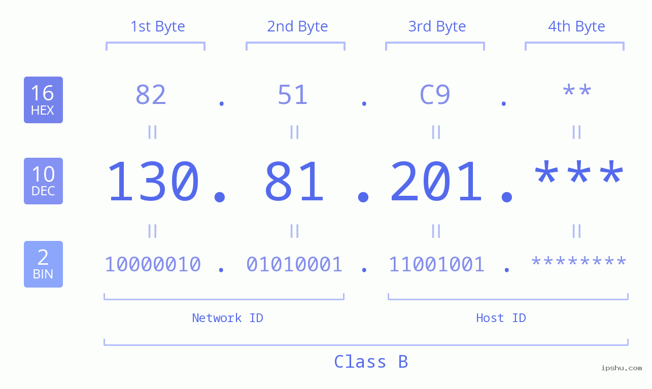 IP Address: 130.81.201 Data Structure Chart BIN DEC HEX IPv4: 130.81.201 Network Class, Net ID, Host ID
