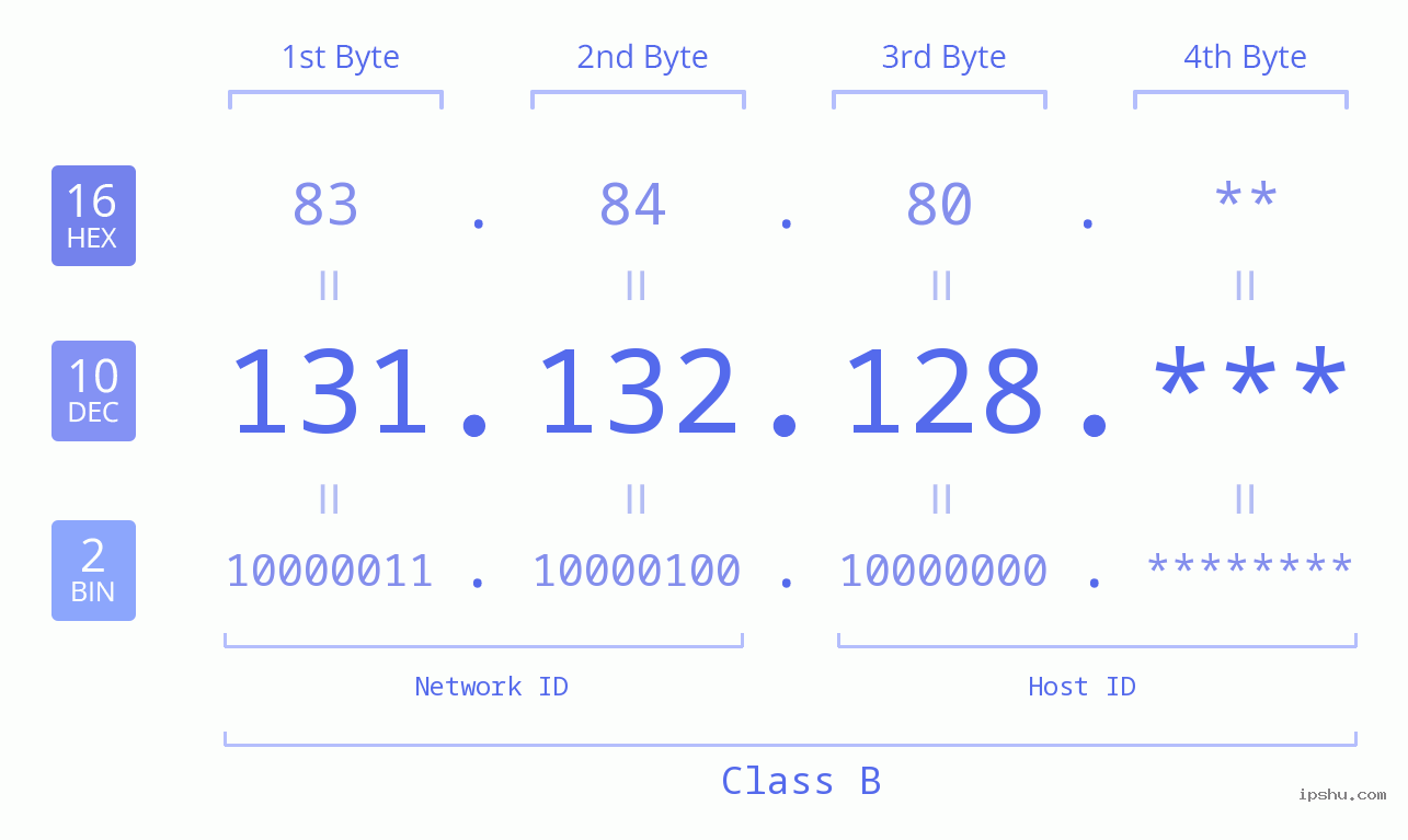 IP Address: 131.132.128 Data Structure Chart BIN DEC HEX IPv4: 131.132.128 Network Class, Net ID, Host ID