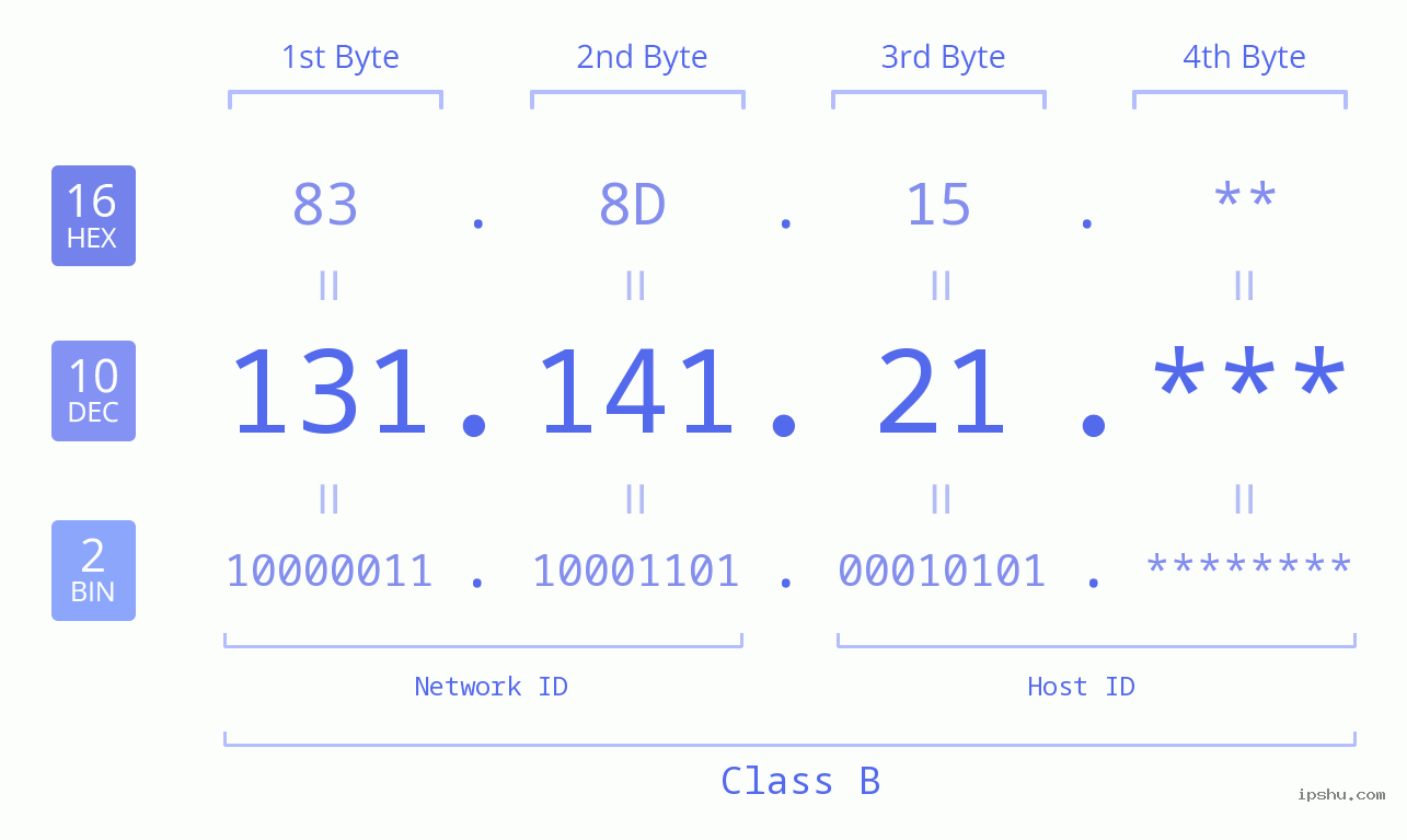 IP Address: 131.141.21 Data Structure Chart BIN DEC HEX IPv4: 131.141.21 Network Class, Net ID, Host ID