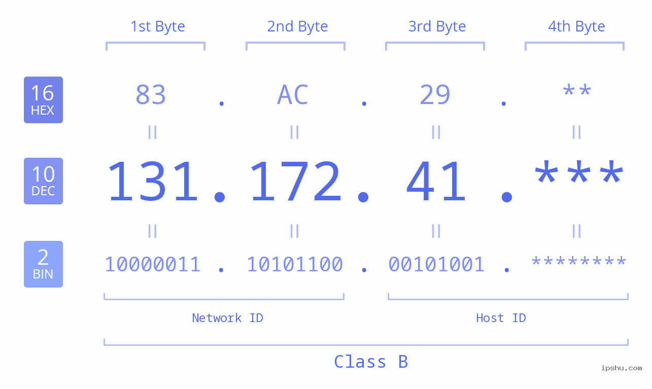 IP Address: 131.172.41 Data Structure Chart BIN DEC HEX IPv4: 131.172.41 Network Class, Net ID, Host ID