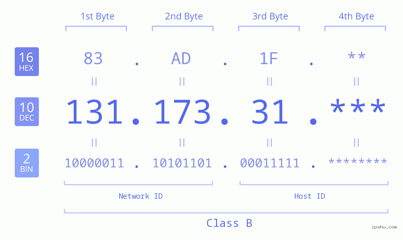 IP Address: 131.173.31 Data Structure Chart BIN DEC HEX IPv4: 131.173.31 Network Class, Net ID, Host ID