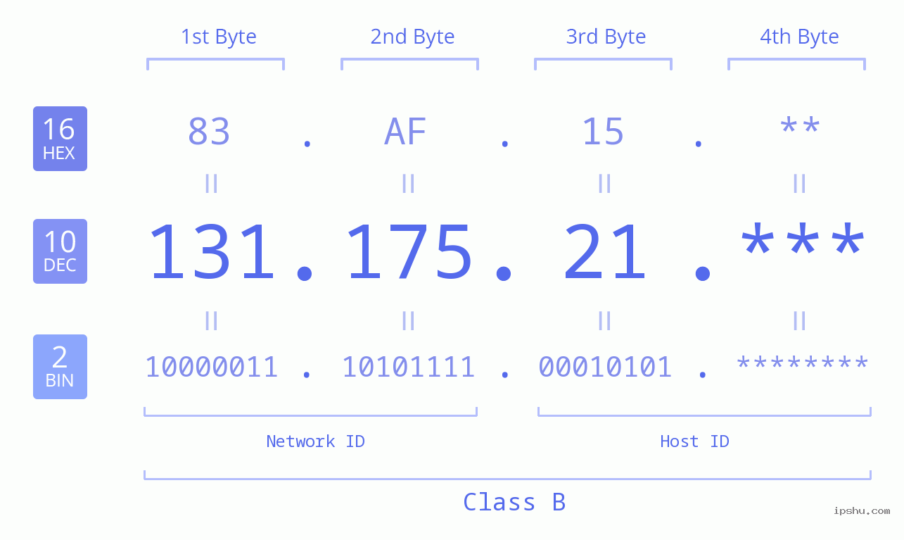 IP Address: 131.175.21 Data Structure Chart BIN DEC HEX IPv4: 131.175.21 Network Class, Net ID, Host ID