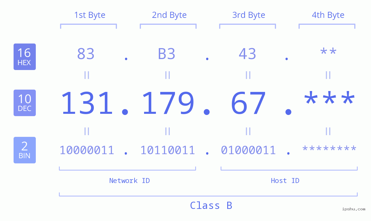 IP Address: 131.179.67 Data Structure Chart BIN DEC HEX IPv4: 131.179.67 Network Class, Net ID, Host ID