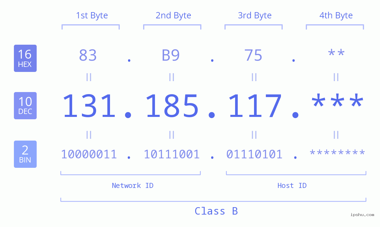 IP Address: 131.185.117 Data Structure Chart BIN DEC HEX IPv4: 131.185.117 Network Class, Net ID, Host ID