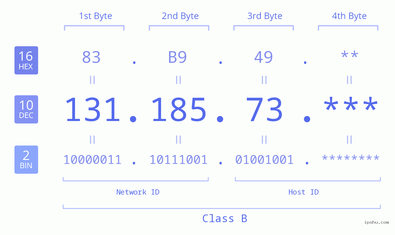 IP Address: 131.185.73 Data Structure Chart BIN DEC HEX IPv4: 131.185.73 Network Class, Net ID, Host ID