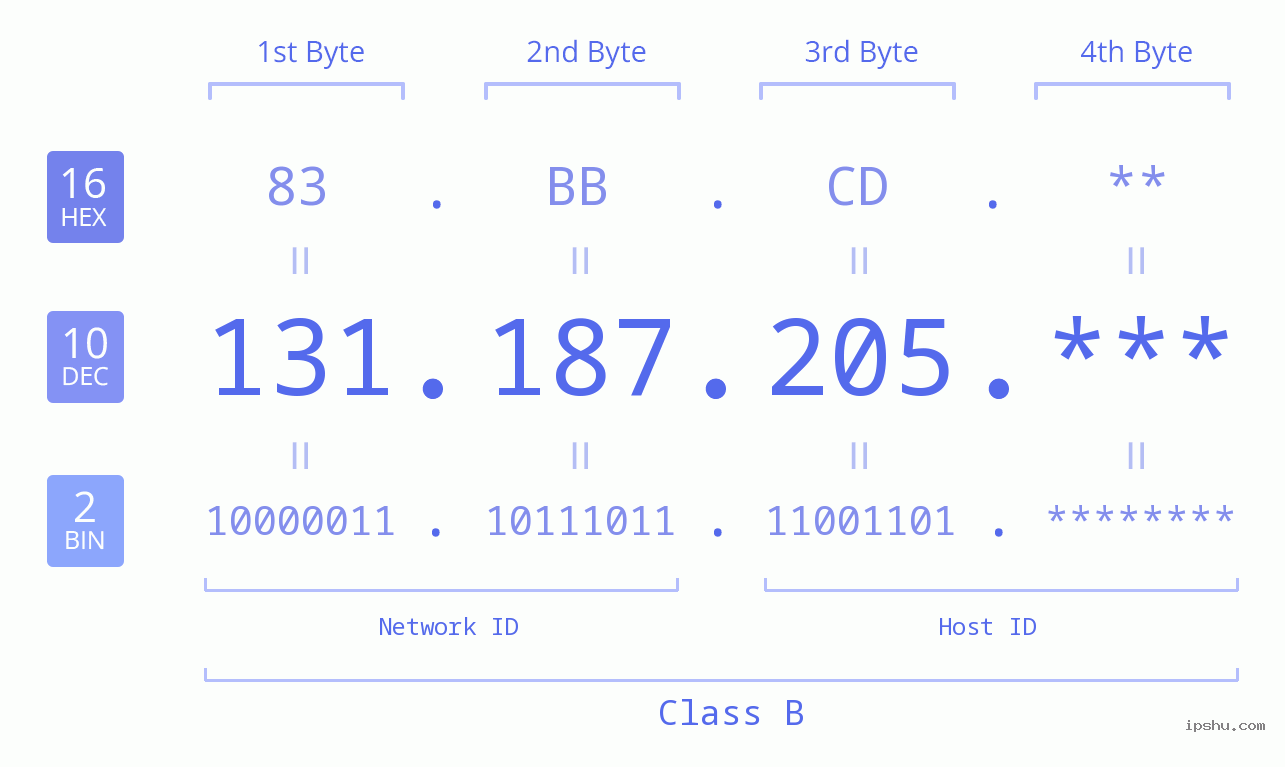 IP Address: 131.187.205 Data Structure Chart BIN DEC HEX IPv4: 131.187.205 Network Class, Net ID, Host ID