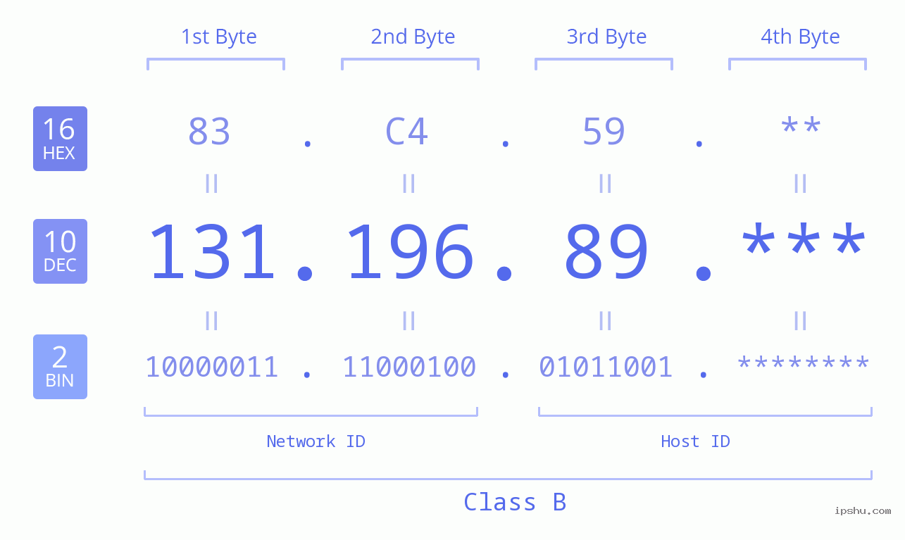 IP Address: 131.196.89 Data Structure Chart BIN DEC HEX IPv4: 131.196.89 Network Class, Net ID, Host ID