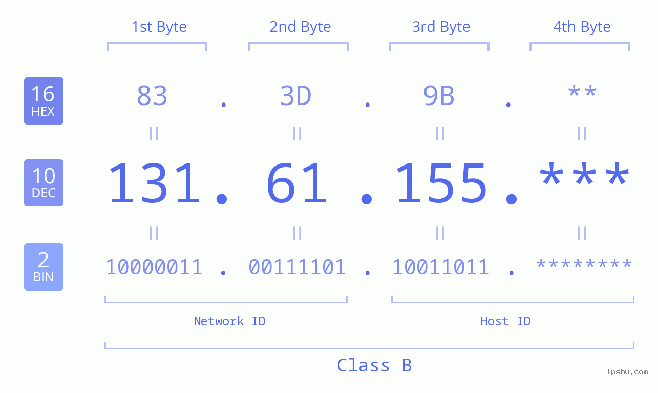 IP Address: 131.61.155 Data Structure Chart BIN DEC HEX IPv4: 131.61.155 Network Class, Net ID, Host ID