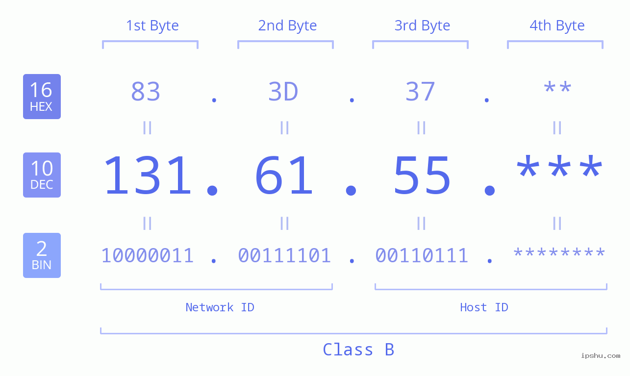 IP Address: 131.61.55 Data Structure Chart BIN DEC HEX IPv4: 131.61.55 Network Class, Net ID, Host ID