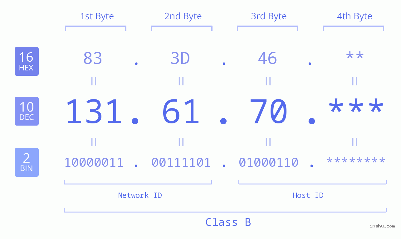 IP Address: 131.61.70 Data Structure Chart BIN DEC HEX IPv4: 131.61.70 Network Class, Net ID, Host ID