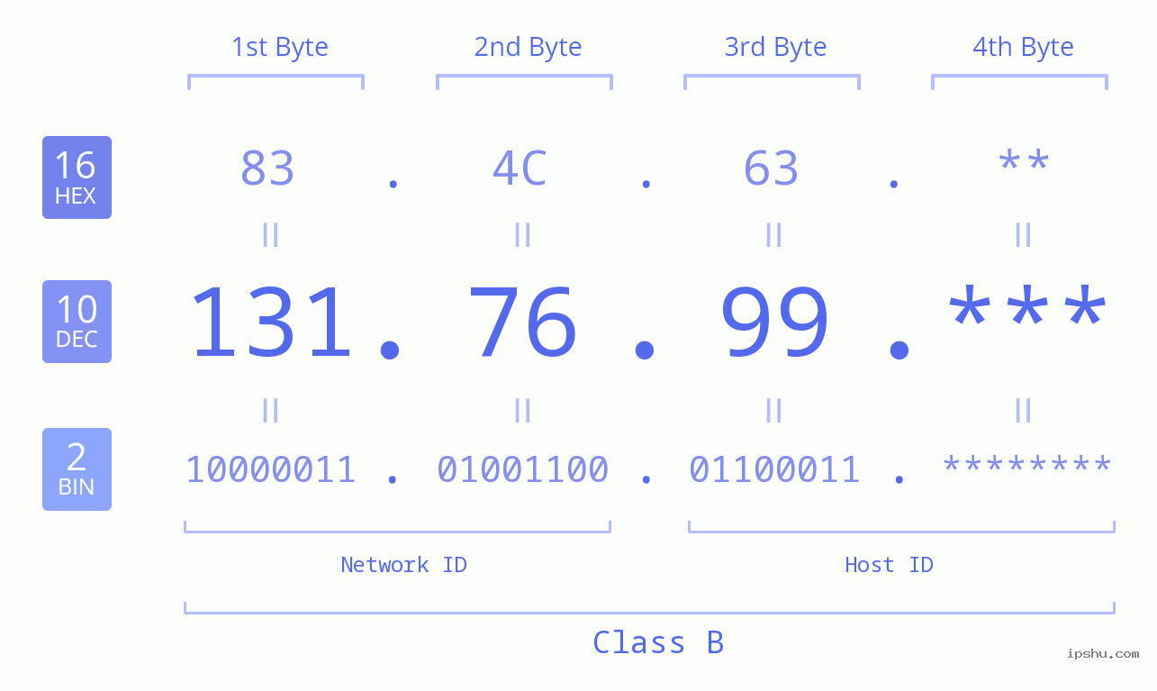 IP Address: 131.76.99 Data Structure Chart BIN DEC HEX IPv4: 131.76.99 Network Class, Net ID, Host ID
