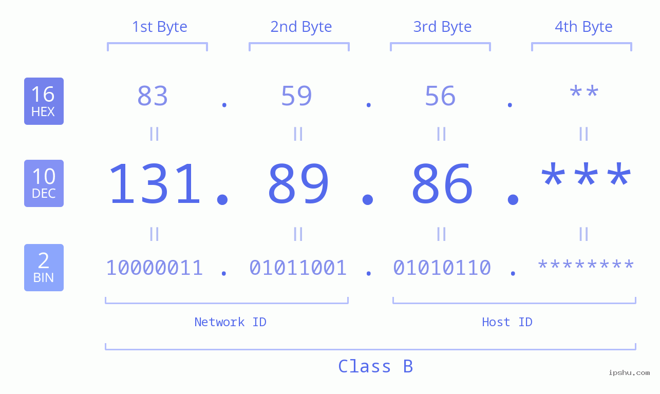 IP Address: 131.89.86 Data Structure Chart BIN DEC HEX IPv4: 131.89.86 Network Class, Net ID, Host ID
