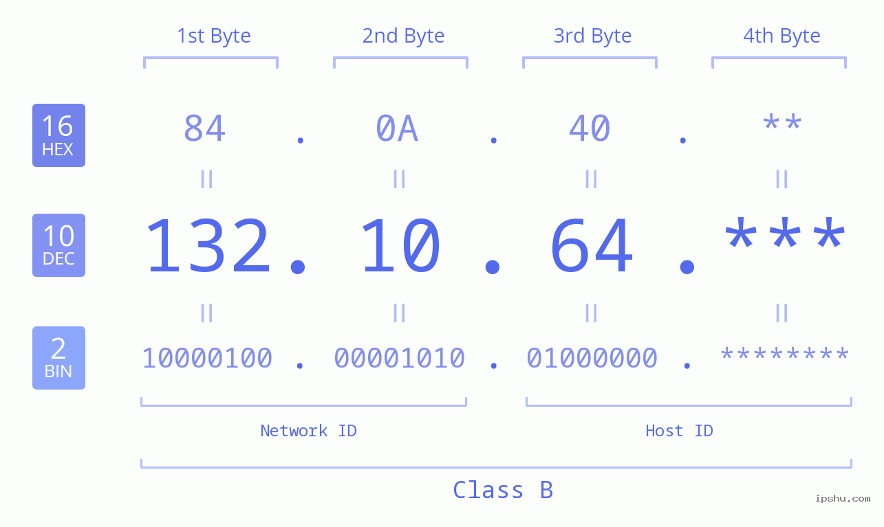 IP Address: 132.10.64 Data Structure Chart BIN DEC HEX IPv4: 132.10.64 Network Class, Net ID, Host ID