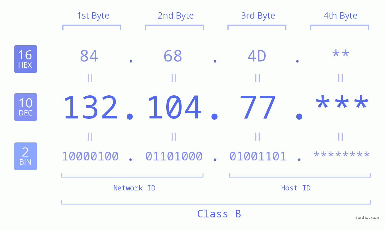 IP Address: 132.104.77 Data Structure Chart BIN DEC HEX IPv4: 132.104.77 Network Class, Net ID, Host ID