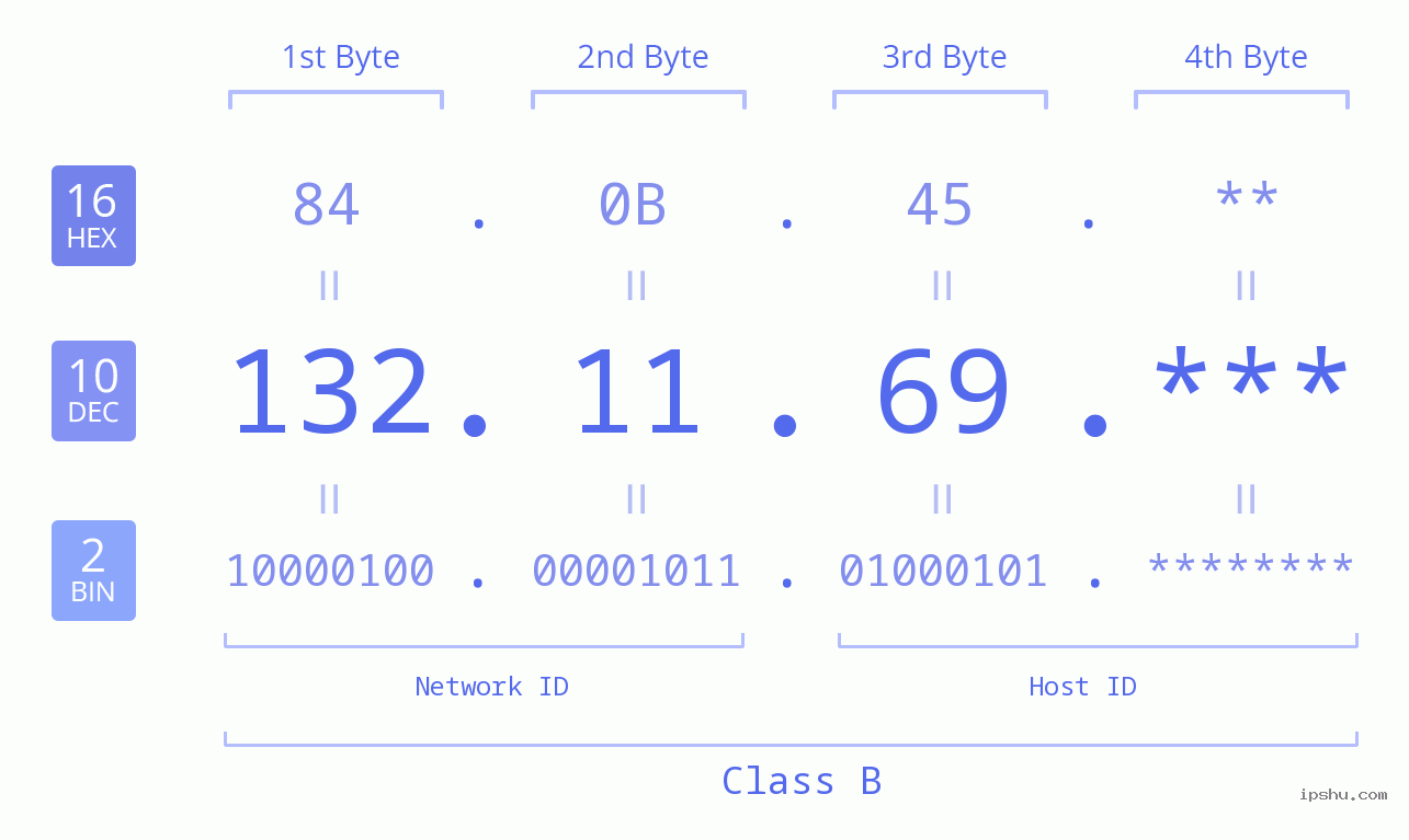 IP Address: 132.11.69 Data Structure Chart BIN DEC HEX IPv4: 132.11.69 Network Class, Net ID, Host ID