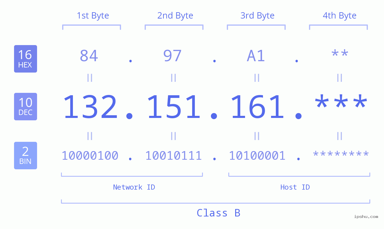 IP Address: 132.151.161 Data Structure Chart BIN DEC HEX IPv4: 132.151.161 Network Class, Net ID, Host ID