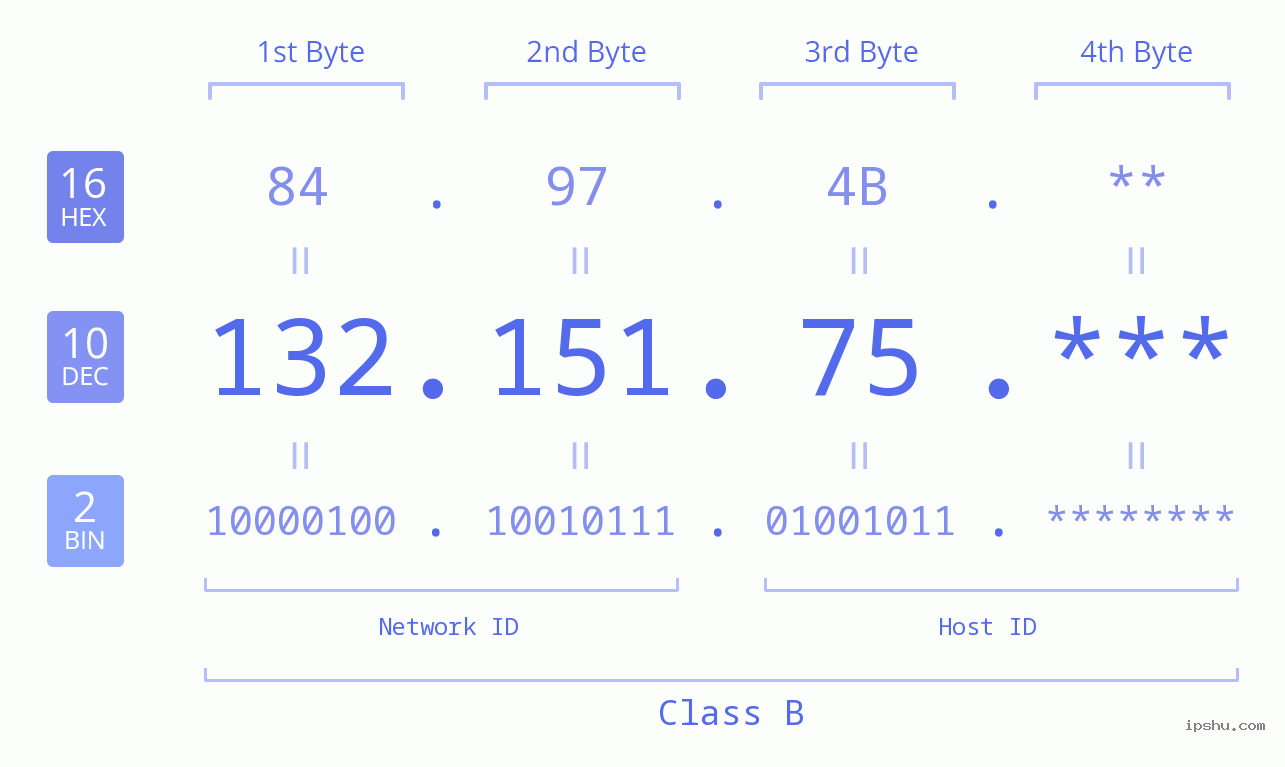 IP Address: 132.151.75 Data Structure Chart BIN DEC HEX IPv4: 132.151.75 Network Class, Net ID, Host ID