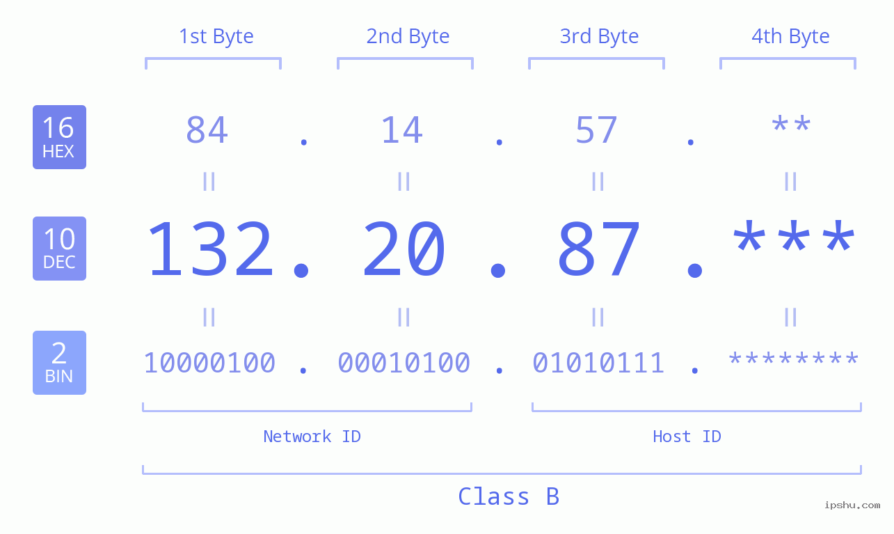 IP Address: 132.20.87 Data Structure Chart BIN DEC HEX IPv4: 132.20.87 Network Class, Net ID, Host ID