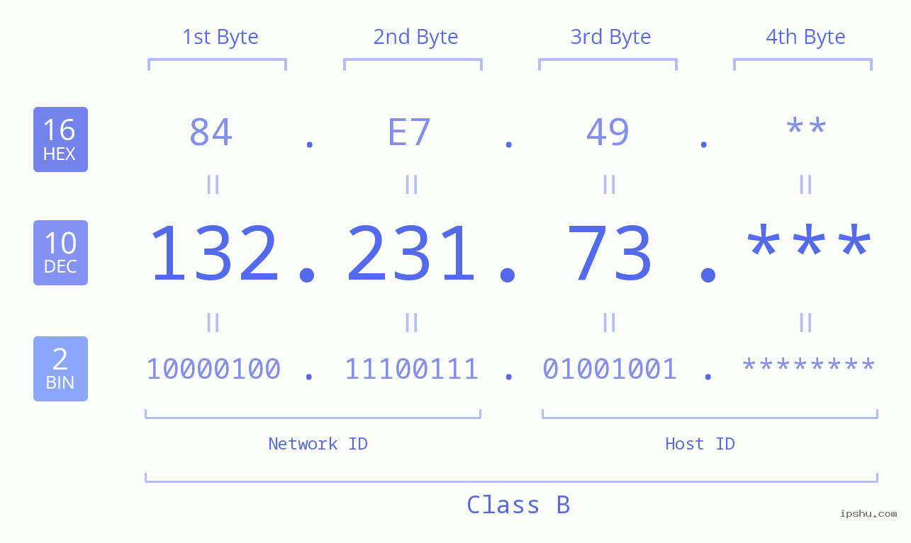 IP Address: 132.231.73 Data Structure Chart BIN DEC HEX IPv4: 132.231.73 Network Class, Net ID, Host ID