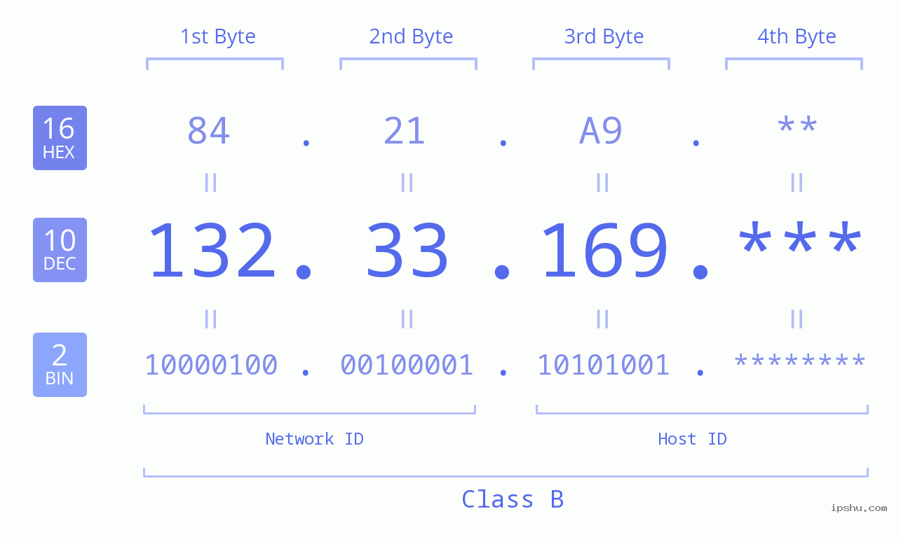IP Address: 132.33.169 Data Structure Chart BIN DEC HEX IPv4: 132.33.169 Network Class, Net ID, Host ID