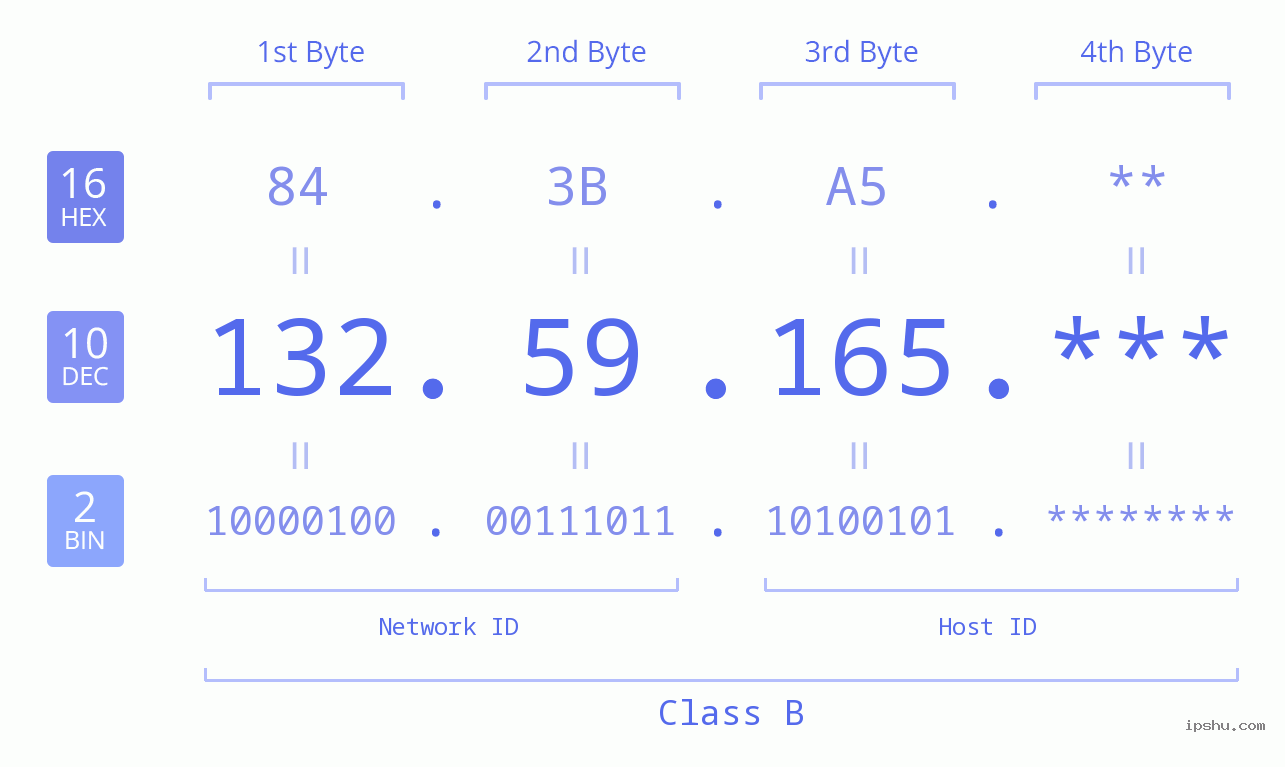 IP Address: 132.59.165 Data Structure Chart BIN DEC HEX IPv4: 132.59.165 Network Class, Net ID, Host ID
